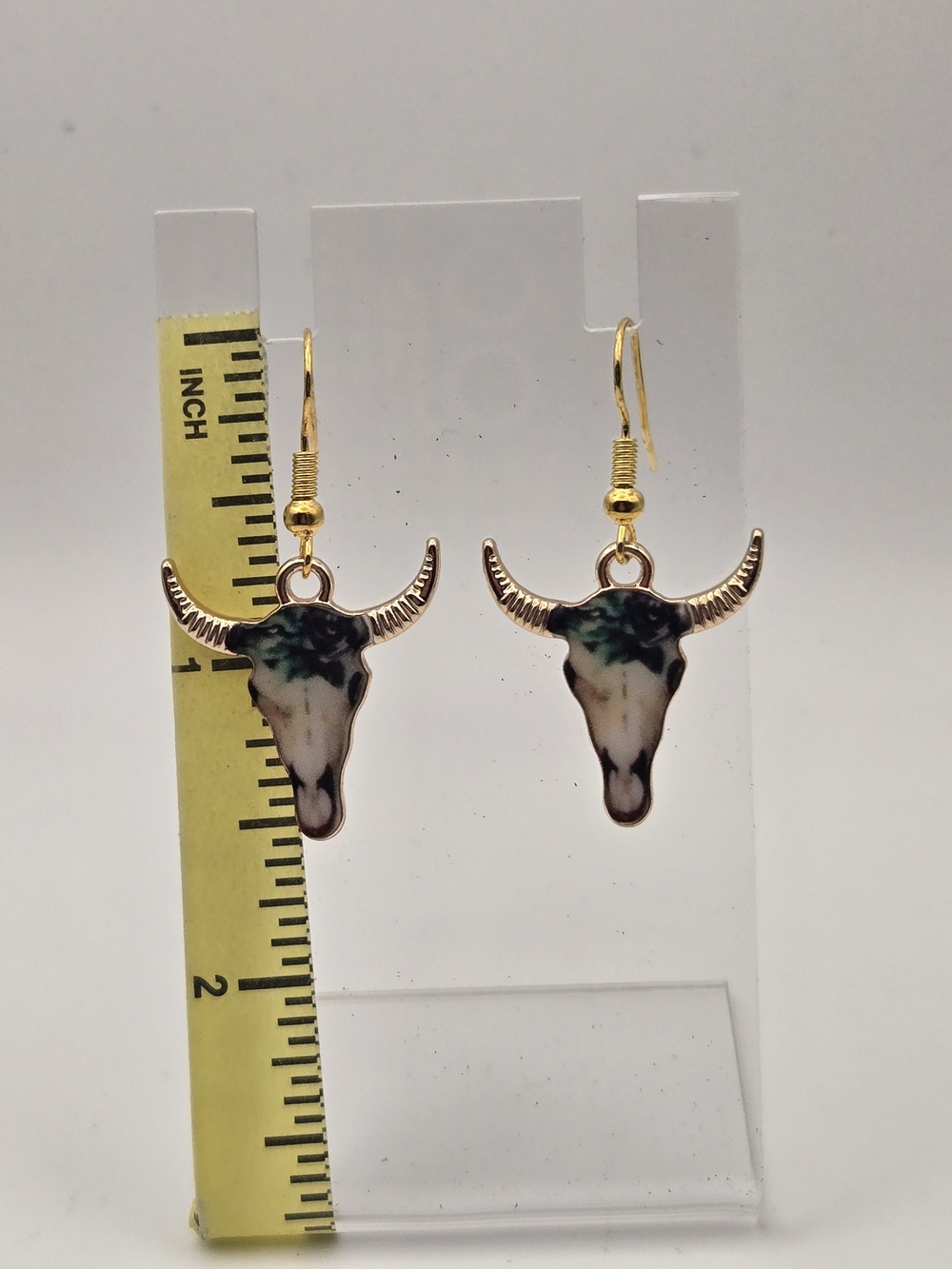 Gold-Tone Bull Skull Dangle Earrings in Teal & Cream